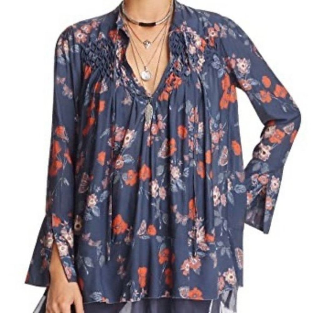 Free People Blue Pebble Crepe Bouse - Boho - XS